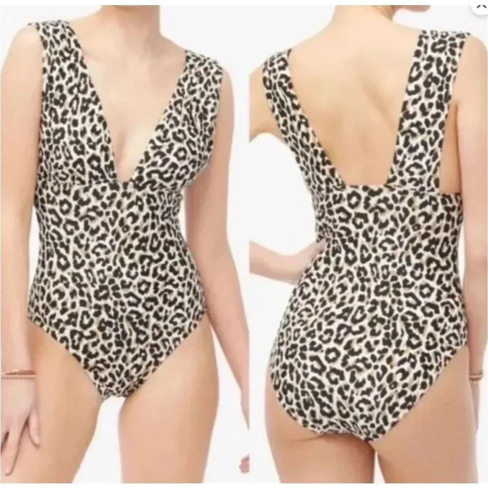 J. Crew Black White Animal Print Plunge One Piece Swimsuit Size XL - Picture 7 of 7